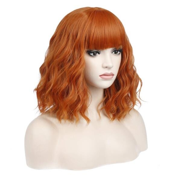 incohair 14 Inches Dark Orange Wig with Bangs Women Girls Short Curly Wavy Bob main image 5